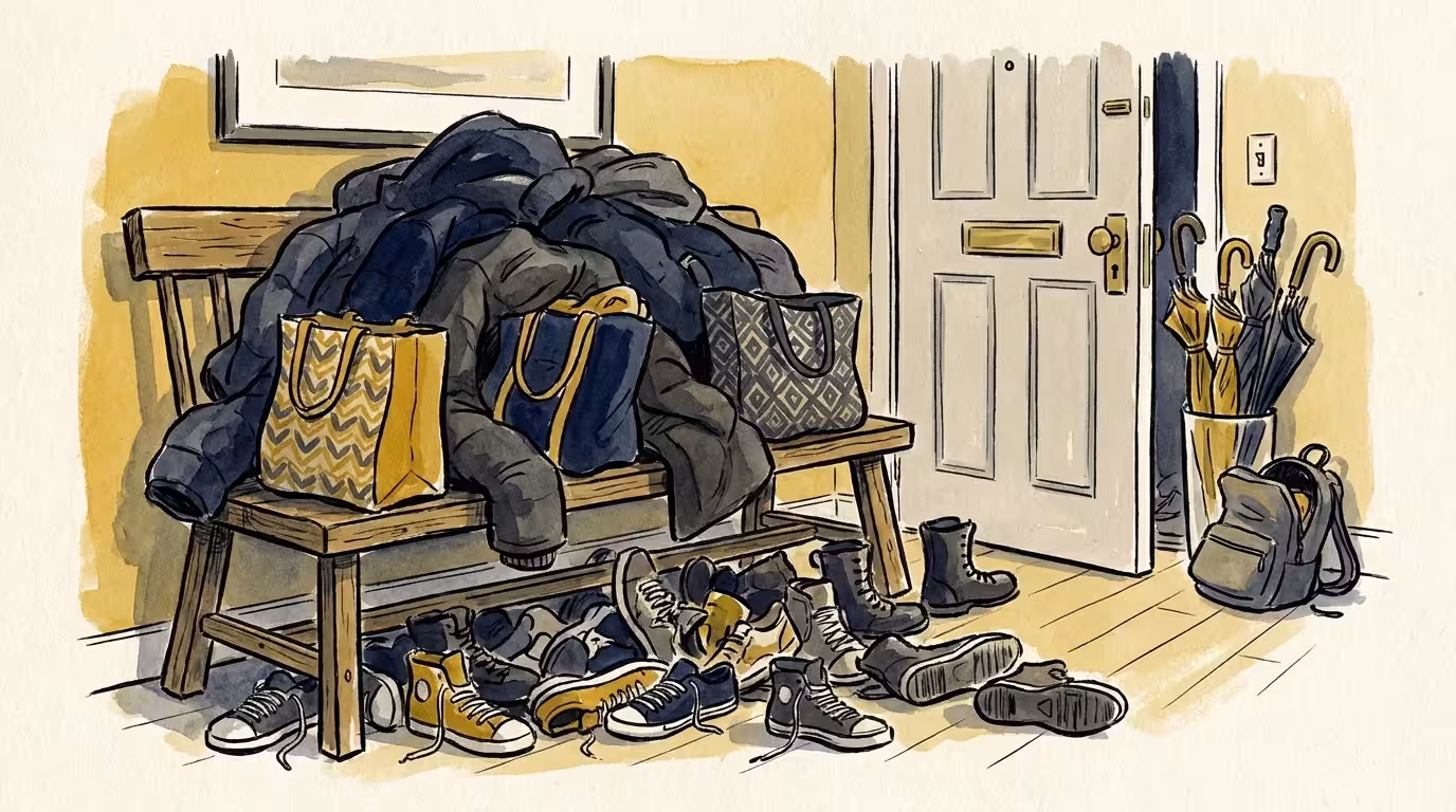 A watercolor illustration of a hallway entryway overflowing with coats, bags, and shoes.