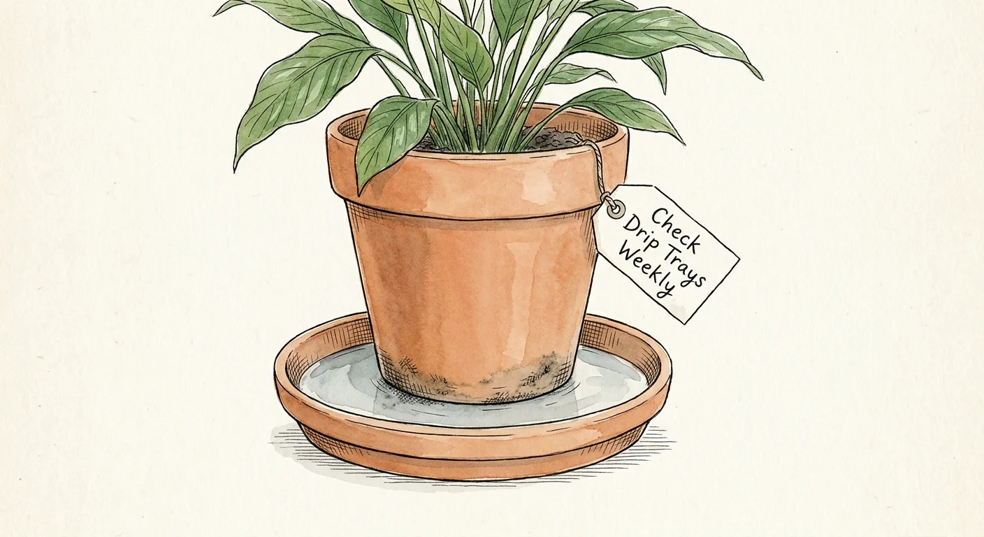 A watercolor illustration of a potted plant showing water sitting in the saucer.