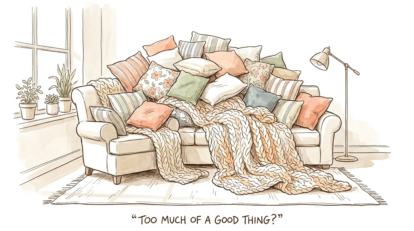 A watercolor illustration of a sofa buried under a mountain of mismatched throw pillows and a messy blanket.