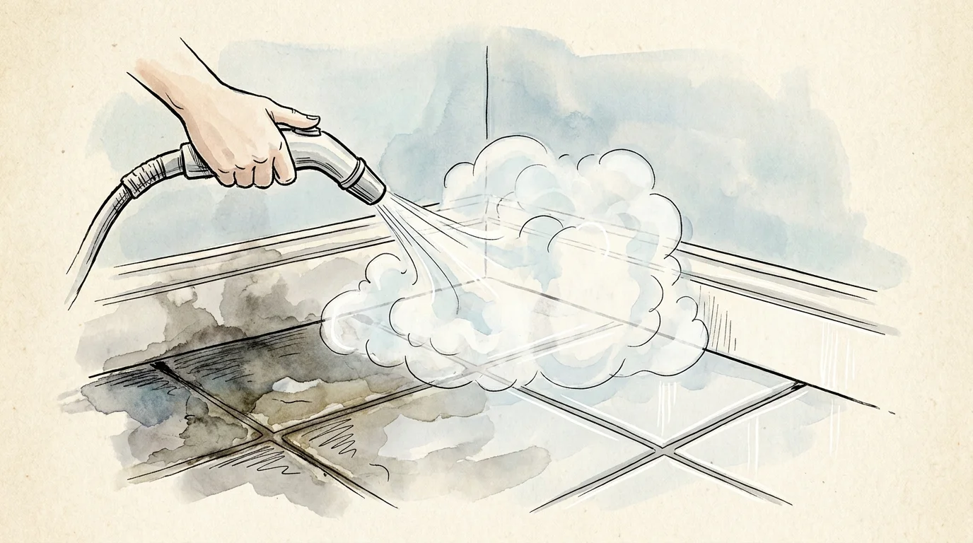 A watercolor illustration of a steam cleaner nozzle sanitizing tile grout with a plume of white vapor.