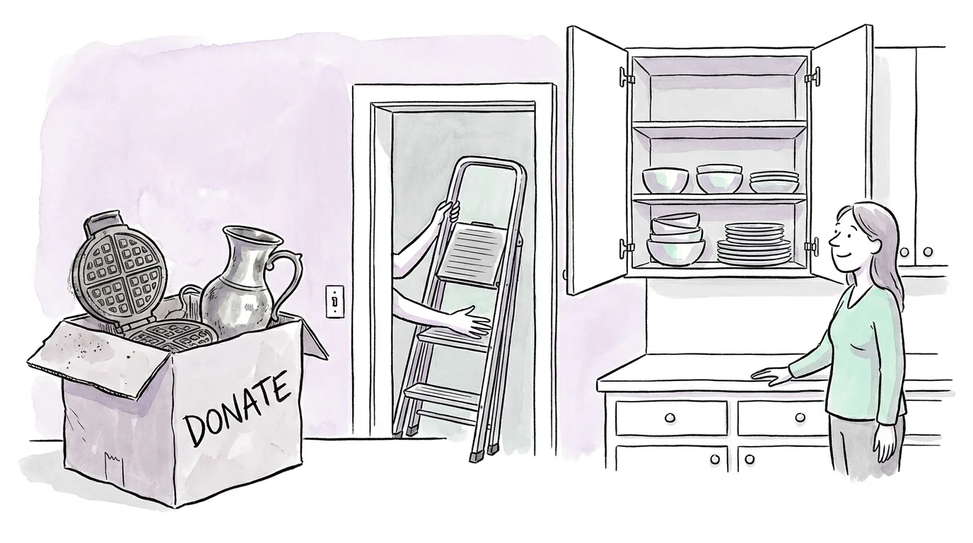 A watercolor illustration of kitchen clutter being boxed for donation and a step stool being put away.