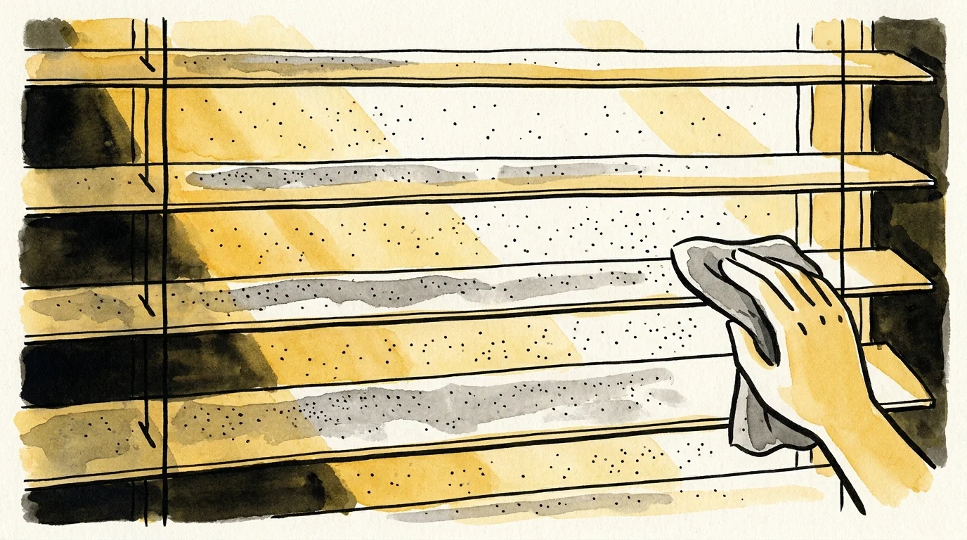 A watercolor illustration of sunlight hitting window blinds, revealing a layer of dust on the slats.