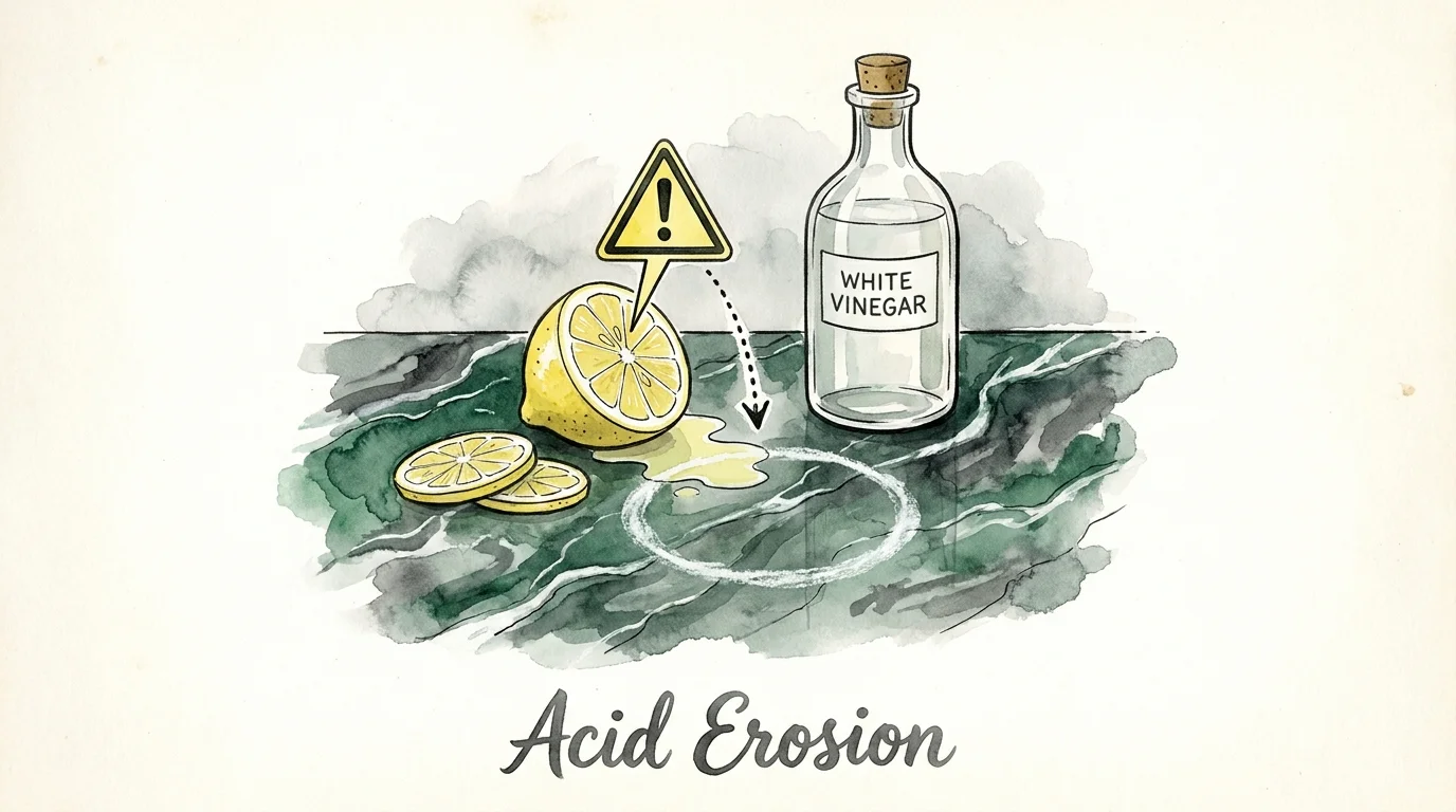 A watercolor illustration showing how the acid in a lemon can etch and damage a natural marble countertop.