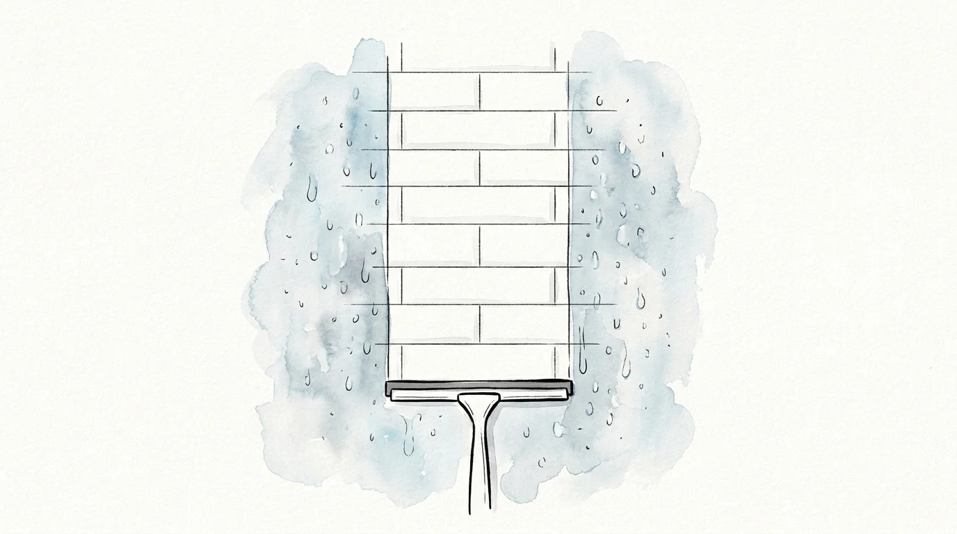 A watercolor sketch of a squeegee leaving a perfectly clear streak on a foggy glass shower door.