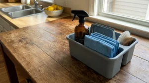 A well-organized cleaning caddy with microfiber cloths and a spray bottle on a wooden kitchen table in soft morning light.