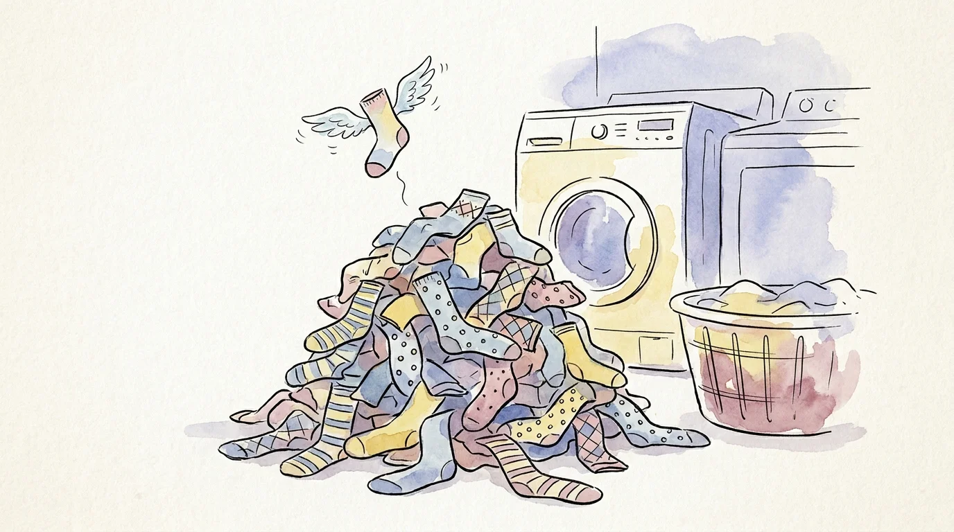 A whimsical watercolor illustration of a giant pile of mismatched, colorful socks in a laundry room.
