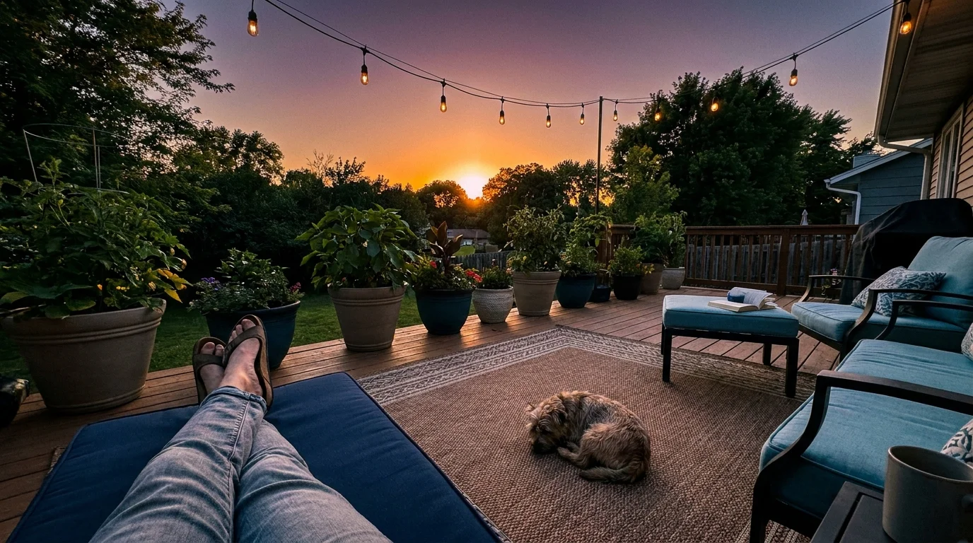 A wide shot of a finished patio at sunset with a rug, plants, and string lights, looking out over a yard.