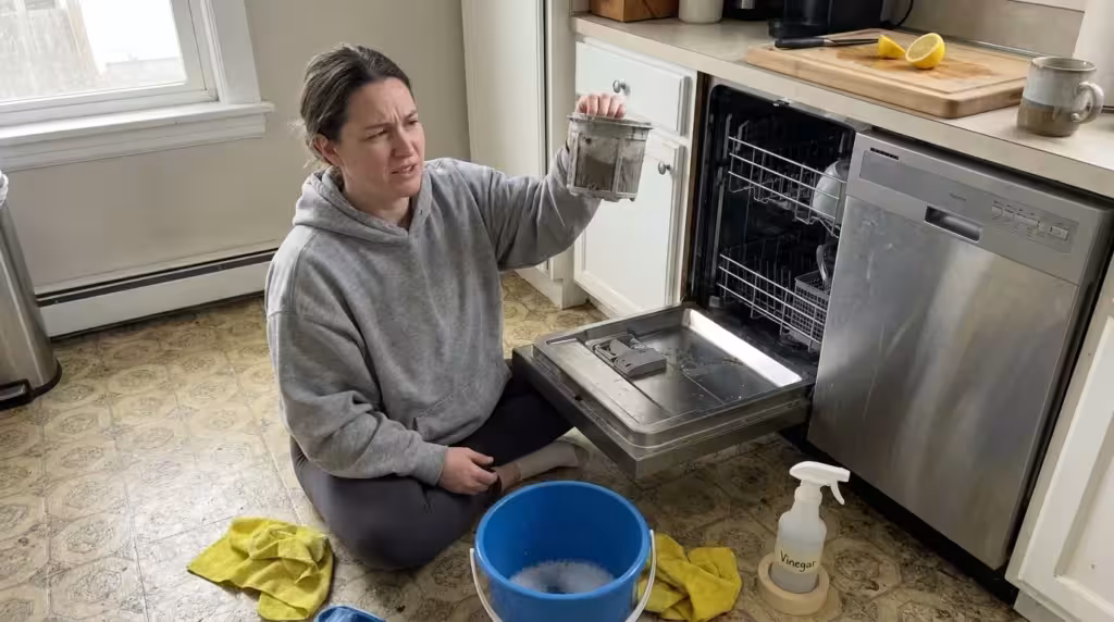 A woman sitting on a kitchen floor holding a dirty dishwasher filter next to cleaning supplies in a natural, lived-in home setting.