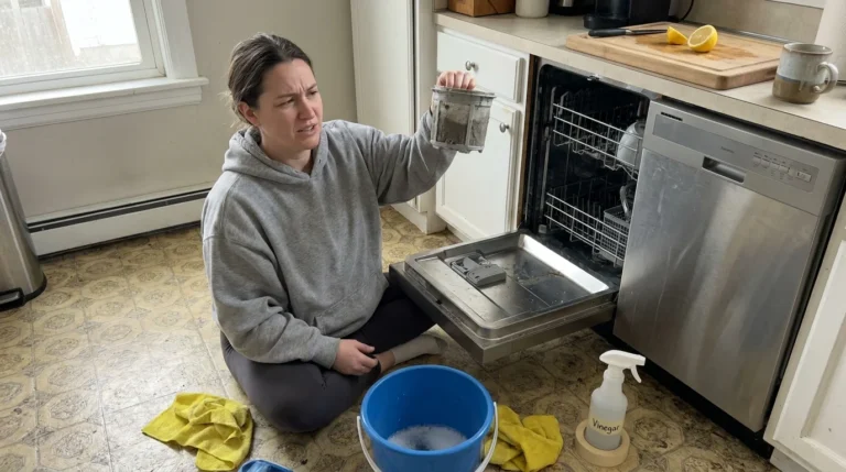 A woman sitting on a kitchen floor holding a dirty dishwasher filter next to cleaning supplies in a natural, lived-in home setting.