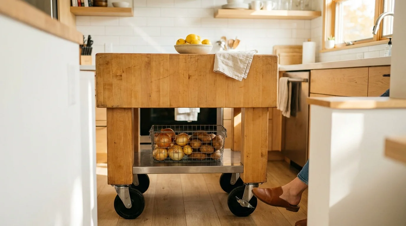 A wooden rolling kitchen cart with a butcher block top being moved into place in a sunny kitchen.