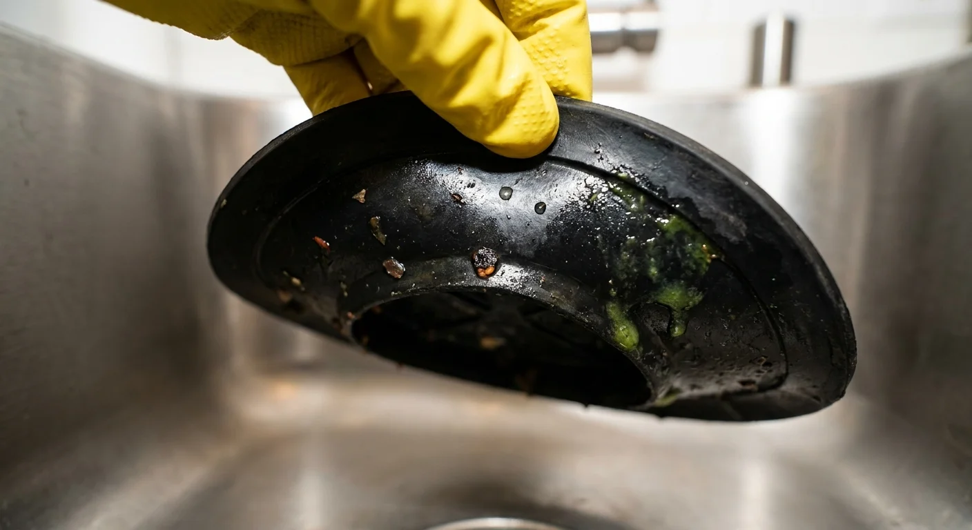 A yellow-gloved hand lifts the black rubber splash guard of a sink to show the underside.