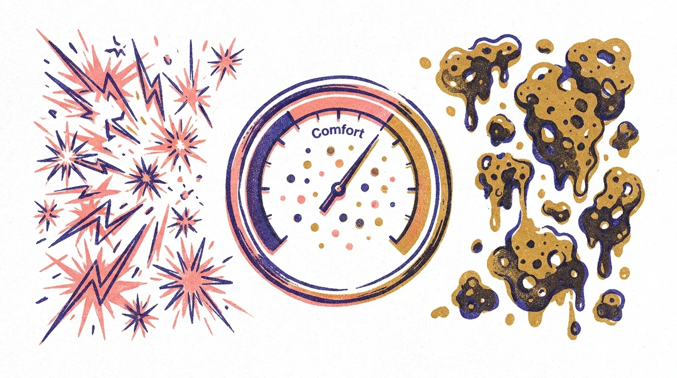 An artistic illustration of a humidity gauge showing how dry air makes dust fly and humid air makes it clump.