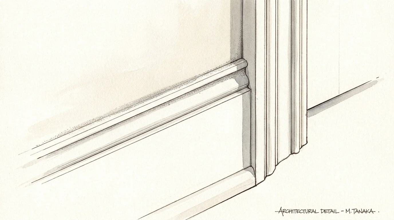 An artistic ink sketch of a baseboard and door frame corner, highlighting the dust on the top ledge.