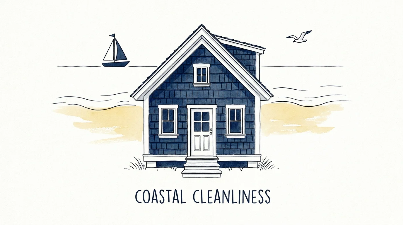 An artistic watercolor sketch of a coastal home with navy blue shingles and bright white trim.