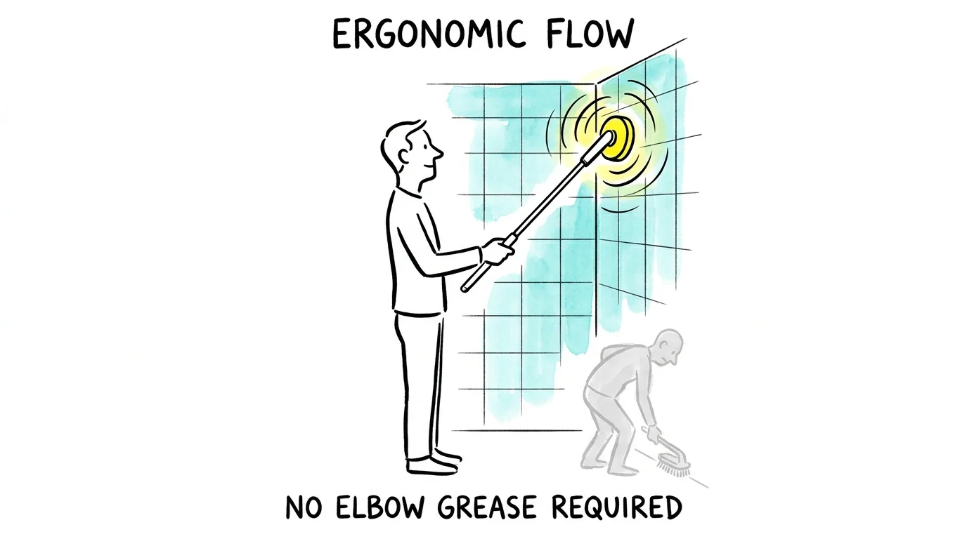 An editorial illustration of a person easily cleaning high shower tiles using a long-handled electric spin scrubber.