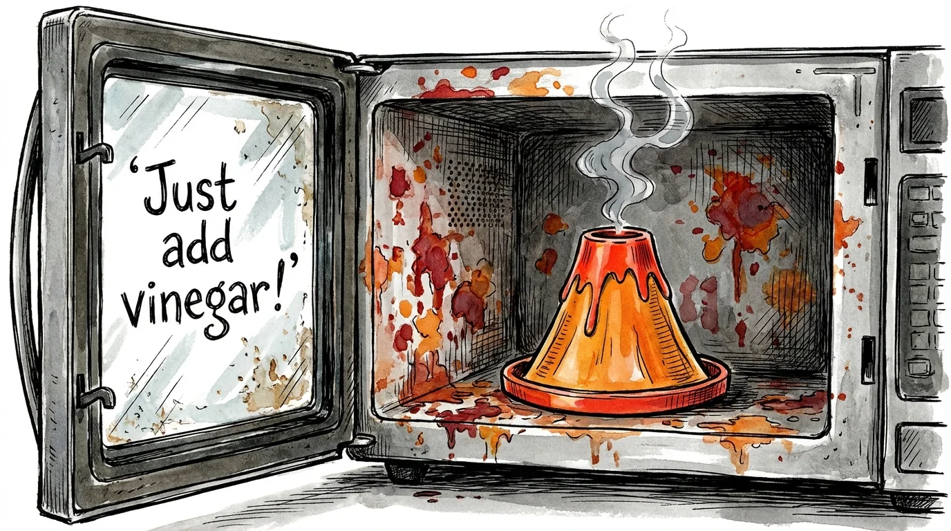 An editorial illustration of a plastic microwave steamer emitting steam while the food stains around it remain dry and stuck.