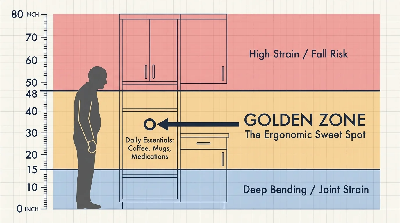 An ergonomic diagram showing the kitchen 'Golden Zone' between 15 and 48 inches from the floor to prevent strain.