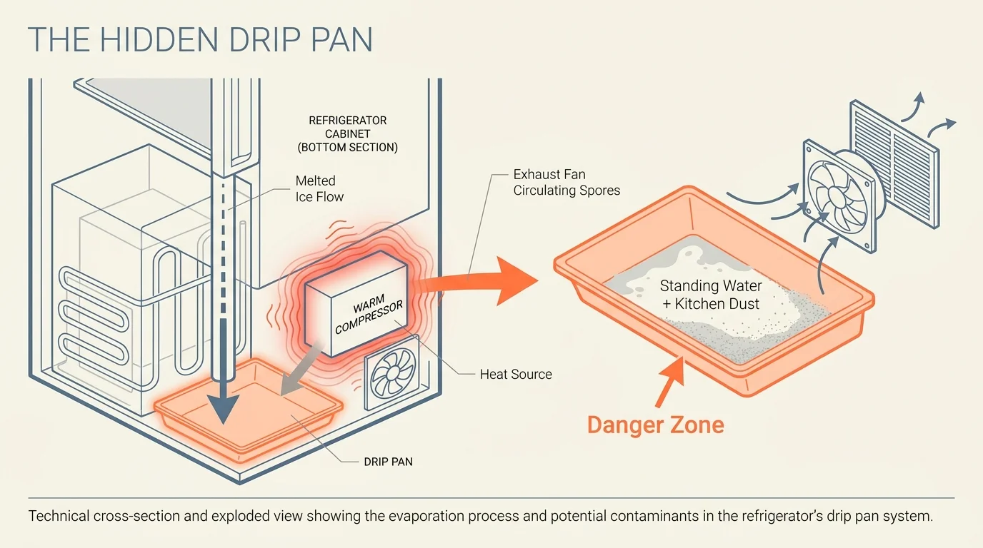An exploded view diagram showing how water collects in a refrigerator drip pan near the compressor.