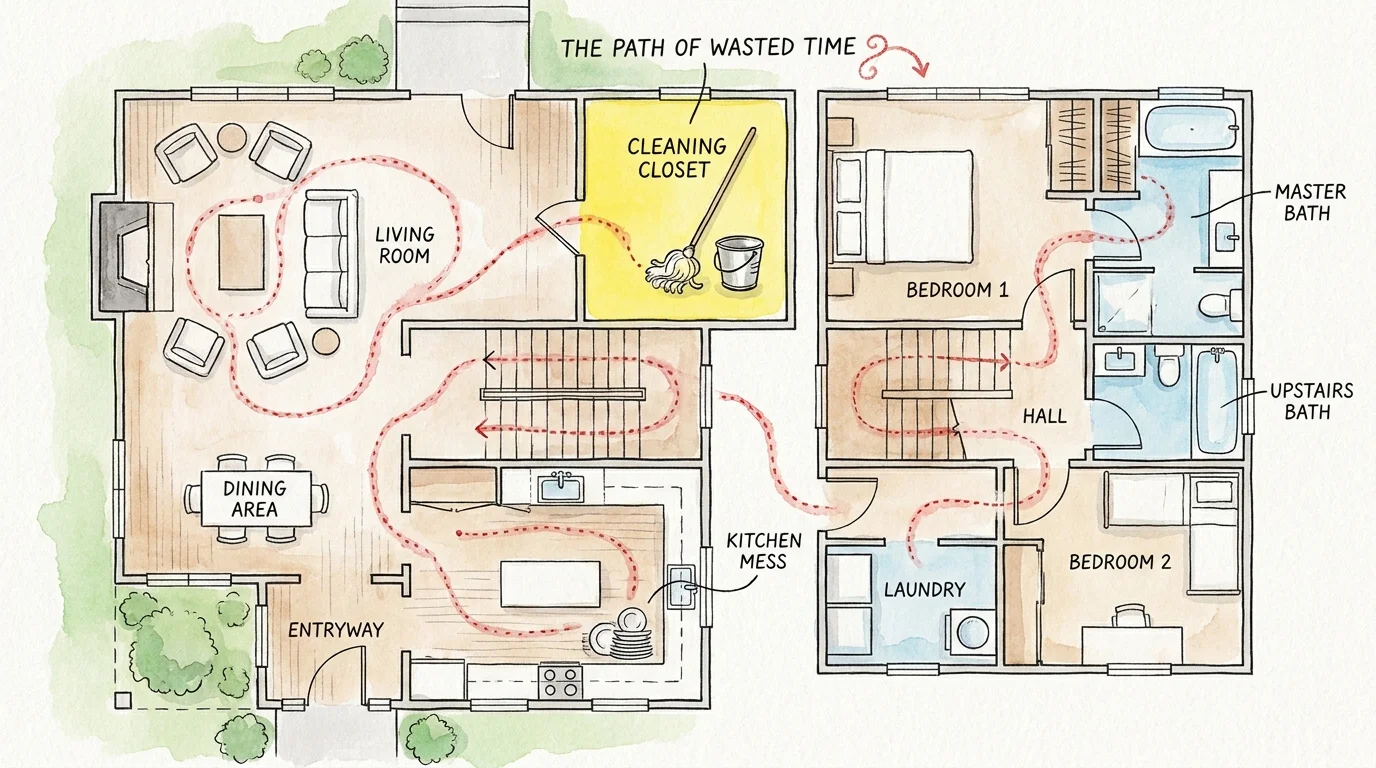 An illustrated floor plan of a house showing a long, winding path from a central cleaning closet to every other room.