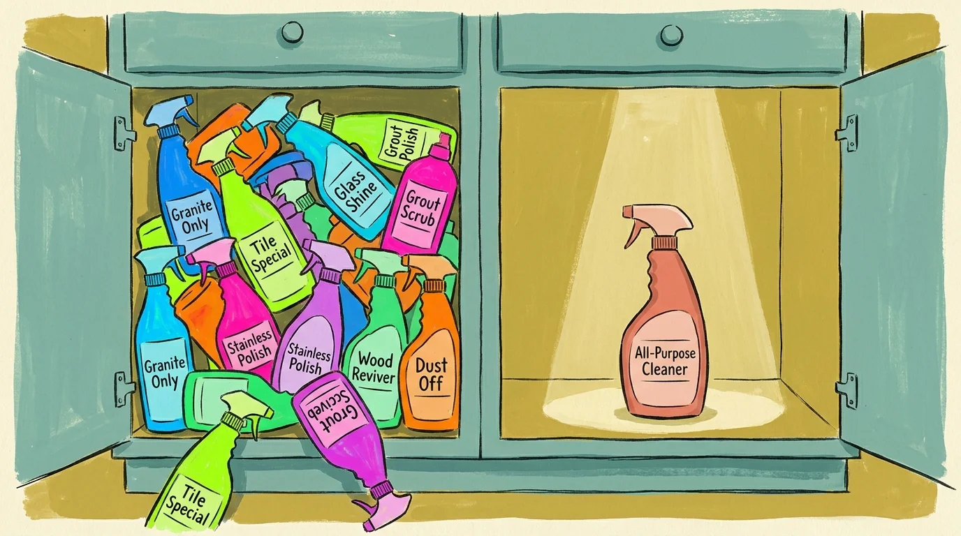 An illustration comparing a cluttered cabinet of specialized cleaners to a single all-purpose bottle.