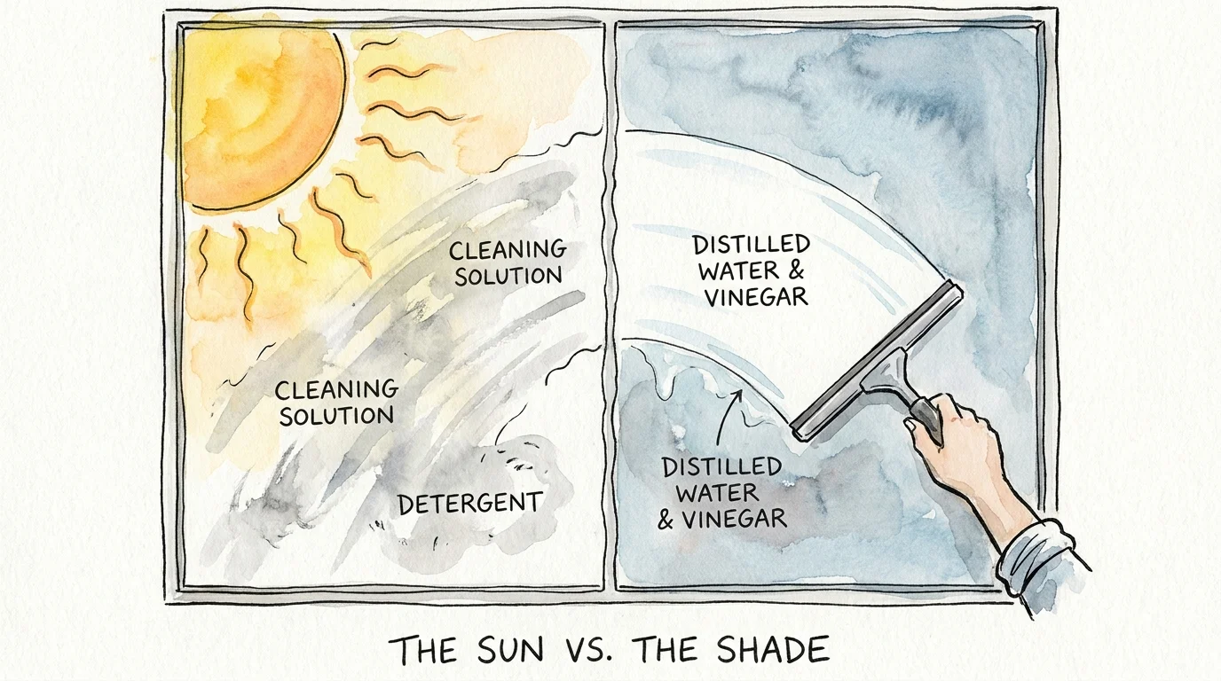 An illustration comparing a sun-streaked window pane with a clean, shaded window being squeegeed.