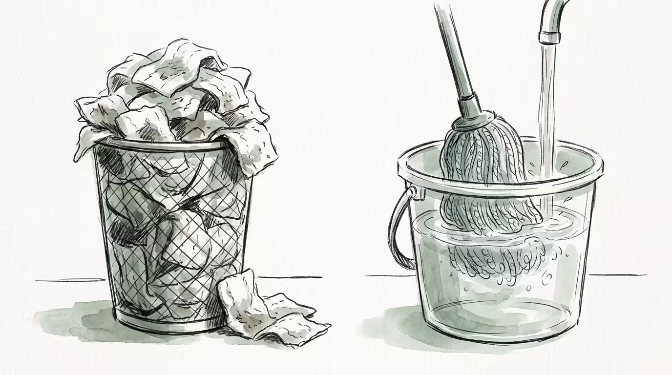 An illustration comparing a trash can full of disposable mop pads to a single reusable microfiber mop being washed.