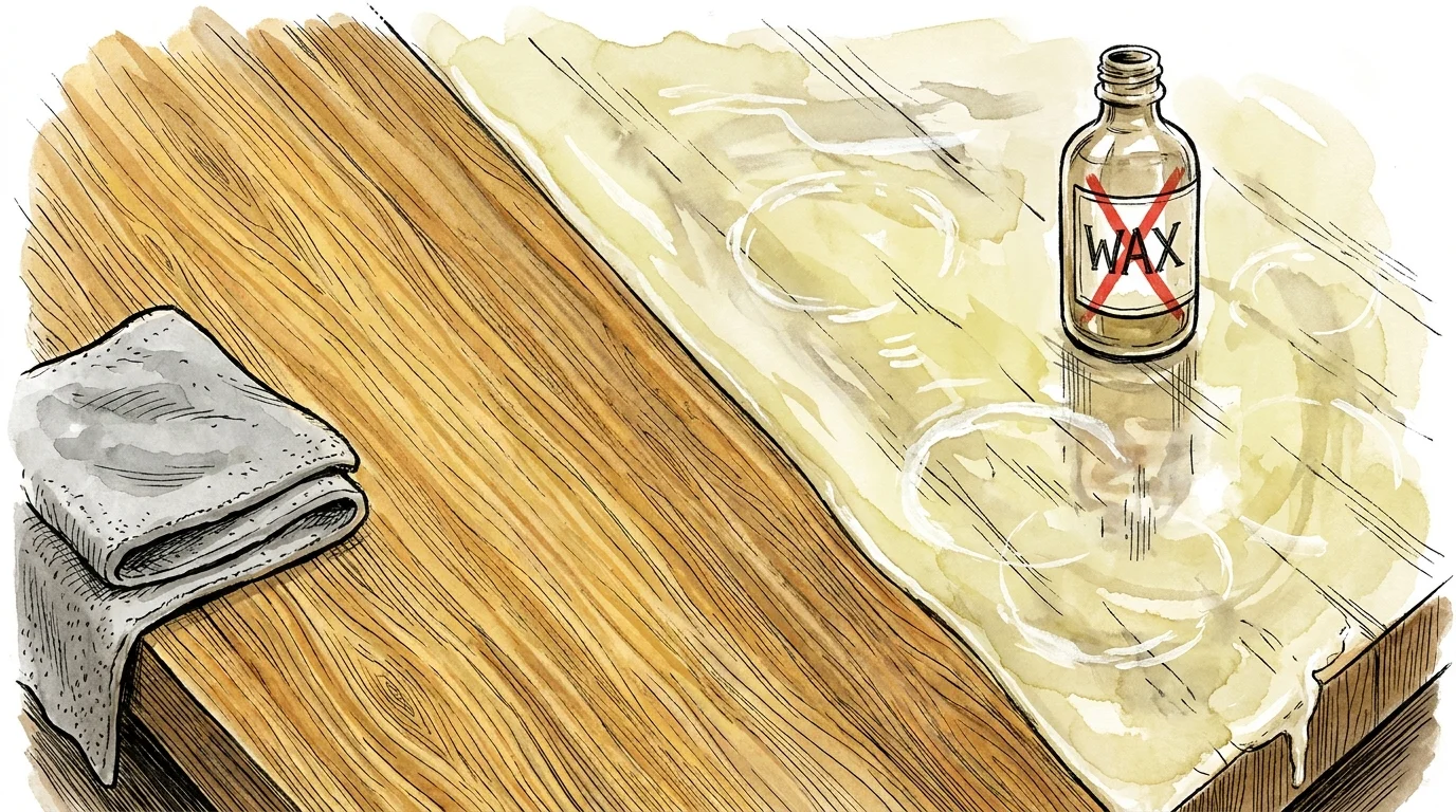 An illustration comparing clean, natural wood grain to a surface dulled by thick, sticky wax buildup.