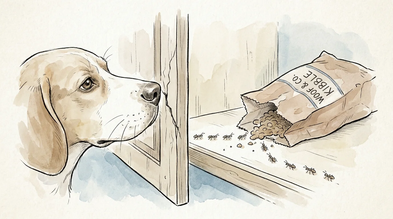 An illustration of a dog sniffing at a cabinet where an open bag of pet food is attracting ants.