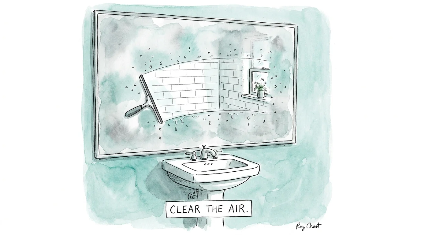 An illustration of a foggy bathroom mirror with a clear horizontal swipe from a squeegee.