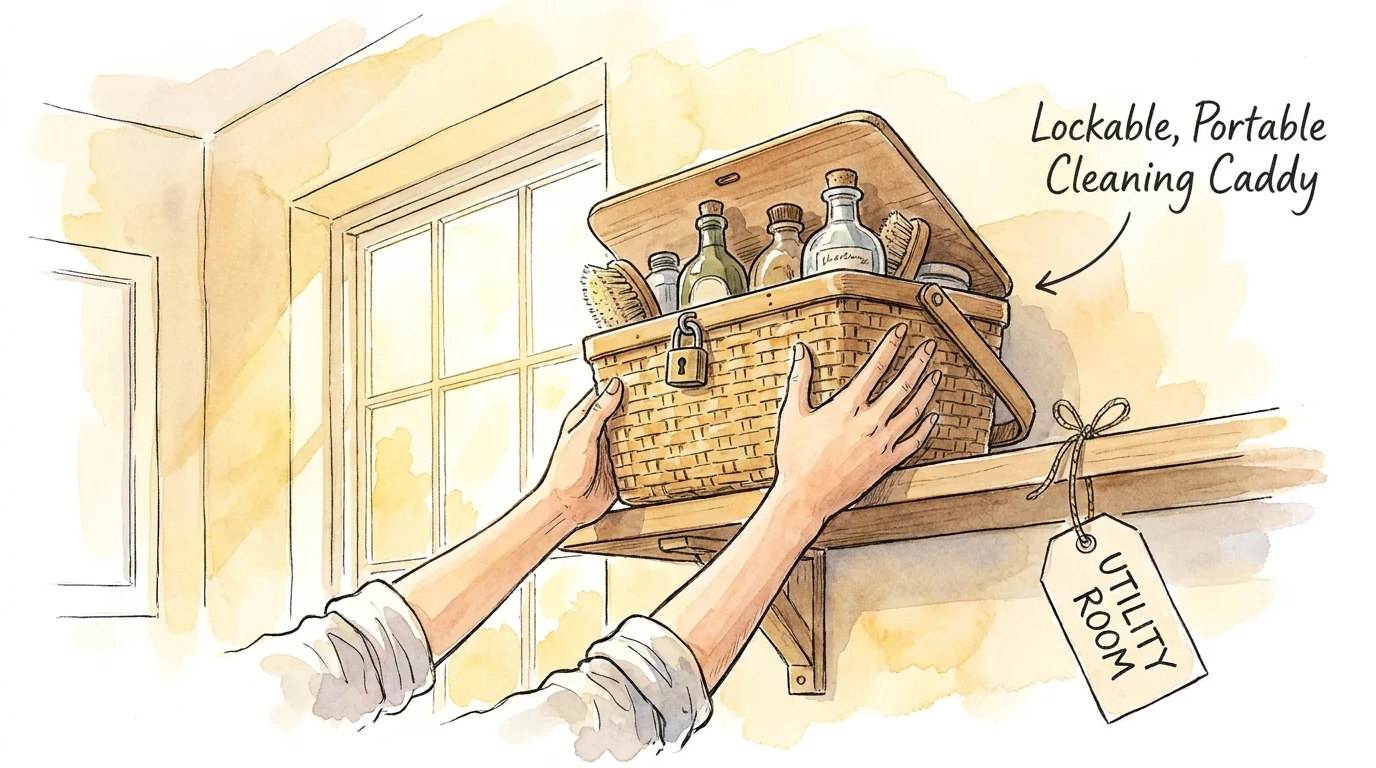An illustration of a person placing a locked cleaning caddy on a high shelf in a bright laundry room.