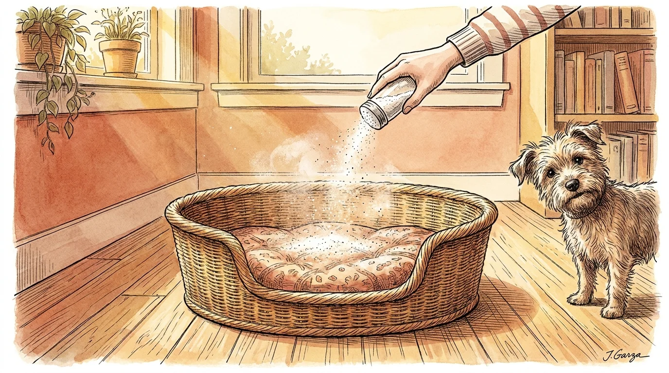 An illustration of a person sprinkling cleaning powder on a dog bed while a dog looks on.