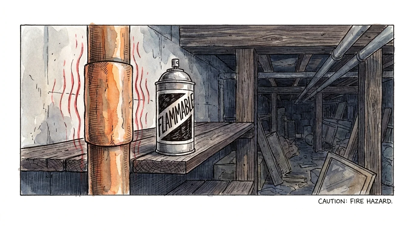 An illustration of an aerosol can placed next to a hot water pipe, indicating a fire hazard.