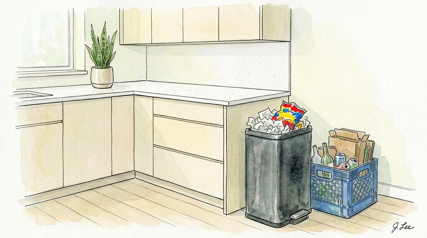 An illustration of an overflowing trash can and recycling bin in the middle of a kitchen.