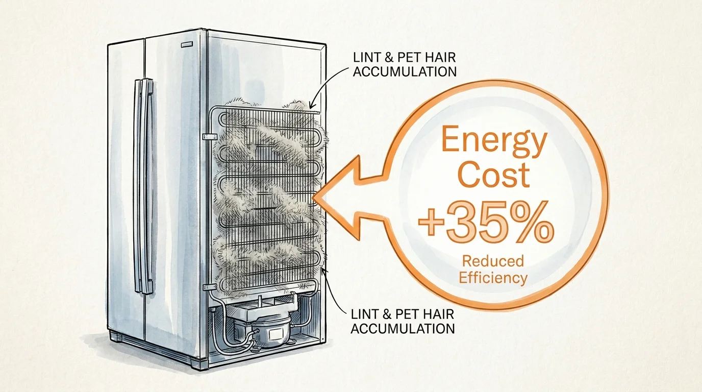 An illustration of refrigerator coils covered in dust with a label indicating a 35% increase in energy costs.