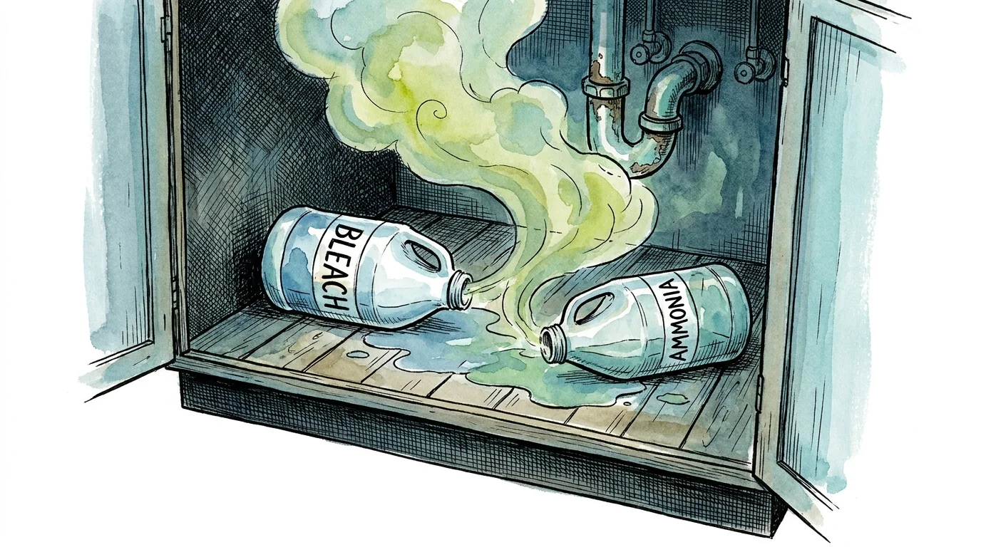 An illustration showing a bottle of bleach and ammonia leaking and mixing to create a toxic gas cloud inside a dark cabinet.
