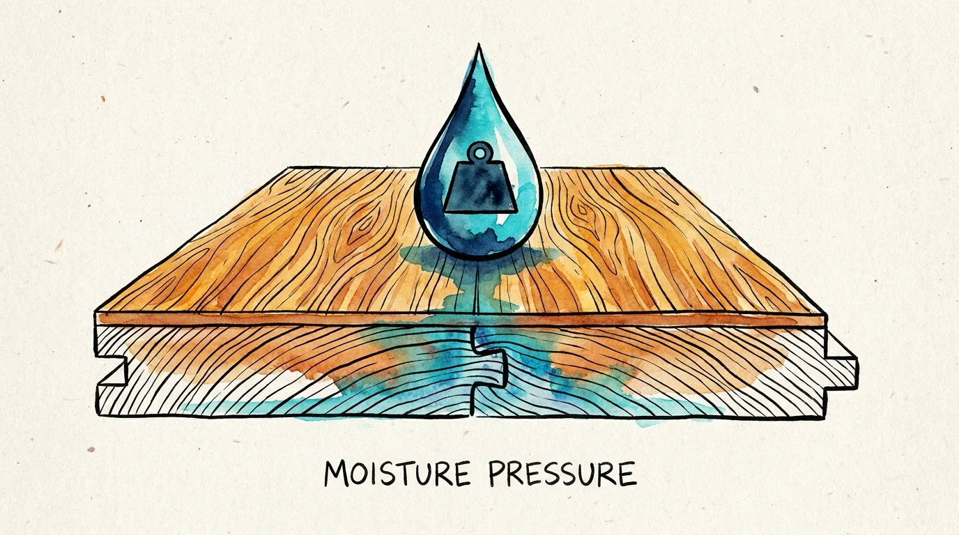 An illustration showing a cross-section of wood flooring reacting negatively to a large, heavy water droplet.