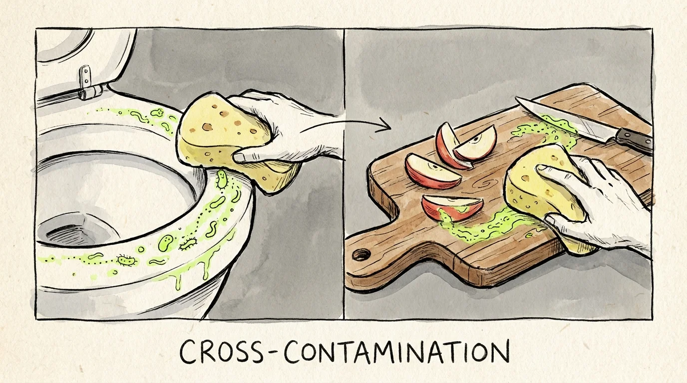 An illustration showing a sponge transferring bacteria from a bathroom toilet to a kitchen cutting board.