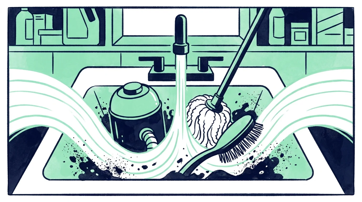 An illustration showing a vacuum canister and mop heads being rinsed clean under a faucet.
