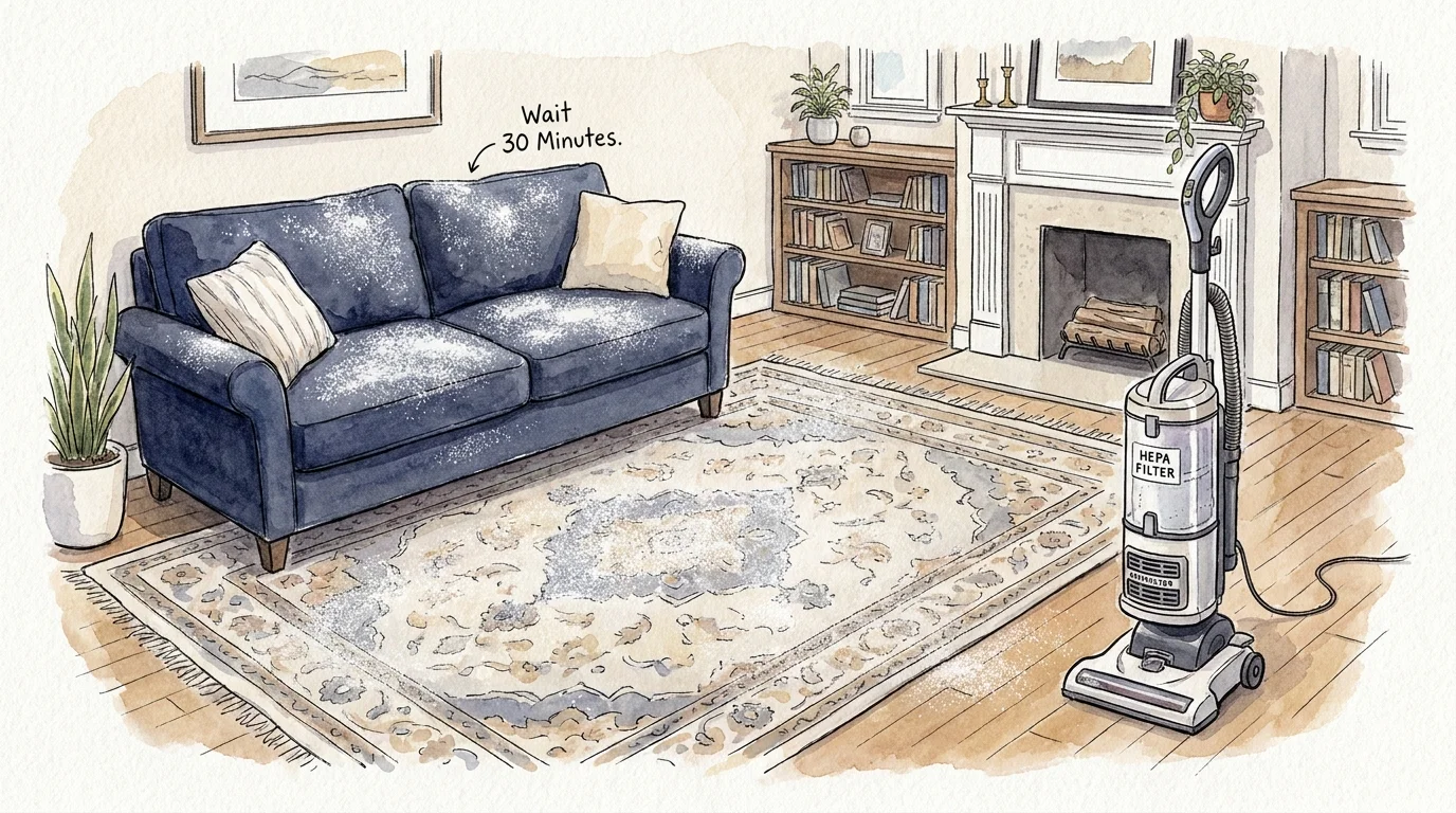 An illustration showing baking soda sprinkled on a blue sofa and rug, with a vacuum cleaner standing nearby.
