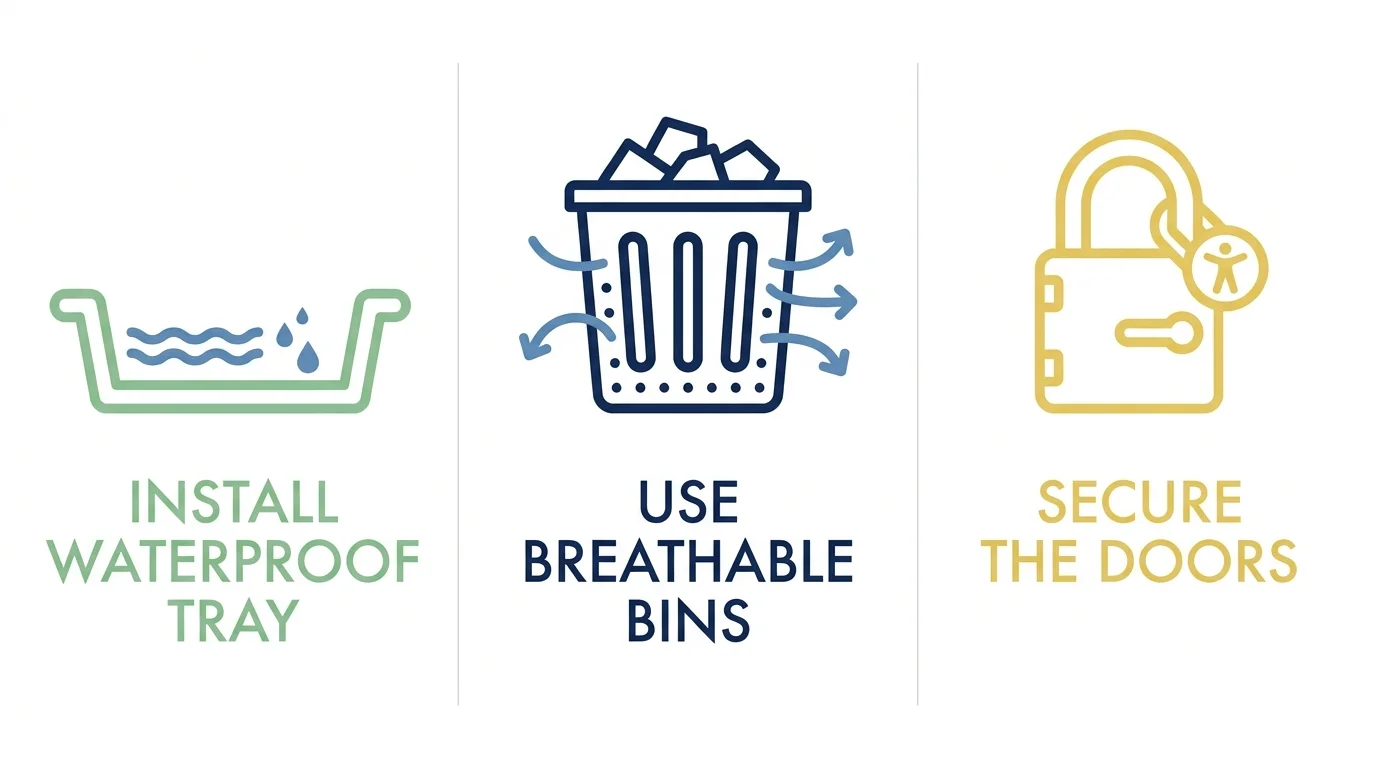 An infographic checklist for organizing under the sink: Install waterproof tray, use breathable bins, and secure the doors.