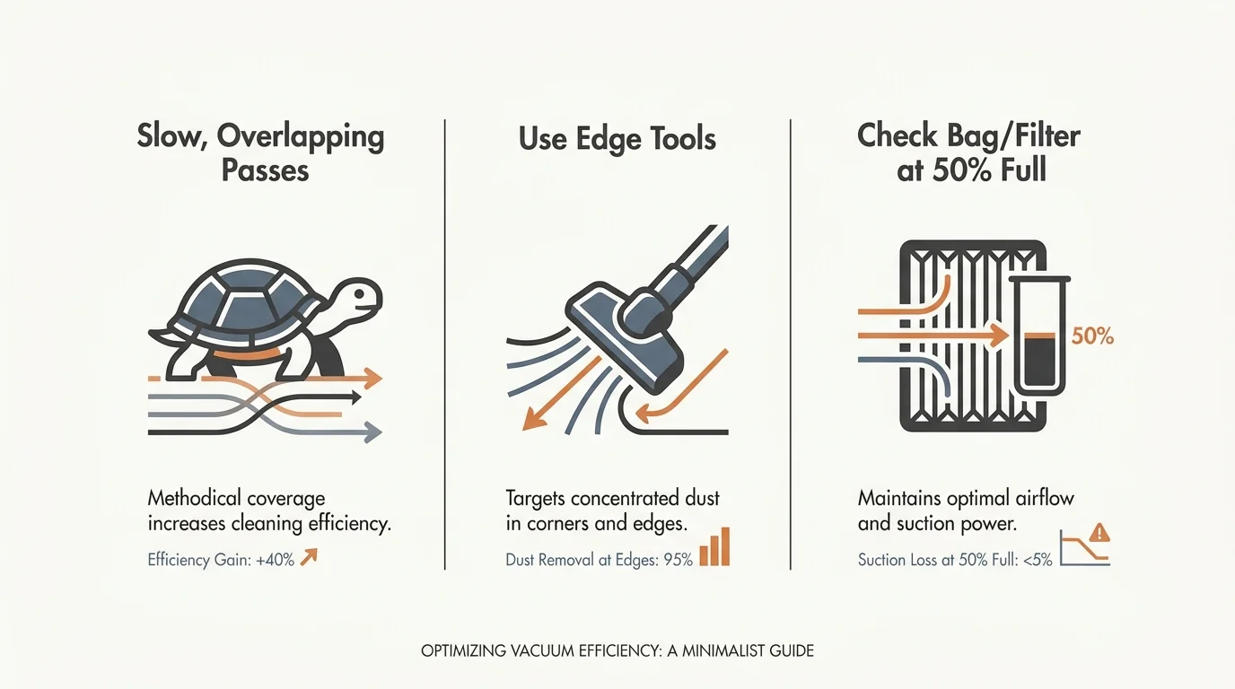 An infographic checklist for vacuuming: slow passes, using edge tools, and checking filters when half full.