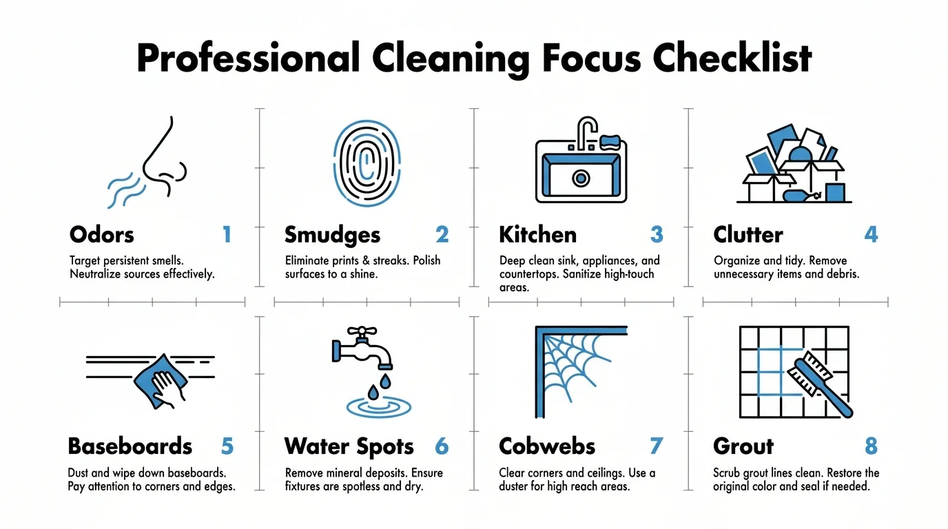 An infographic checklist showing 8 icons for cleaning focus areas like odors, smudges, and grout.