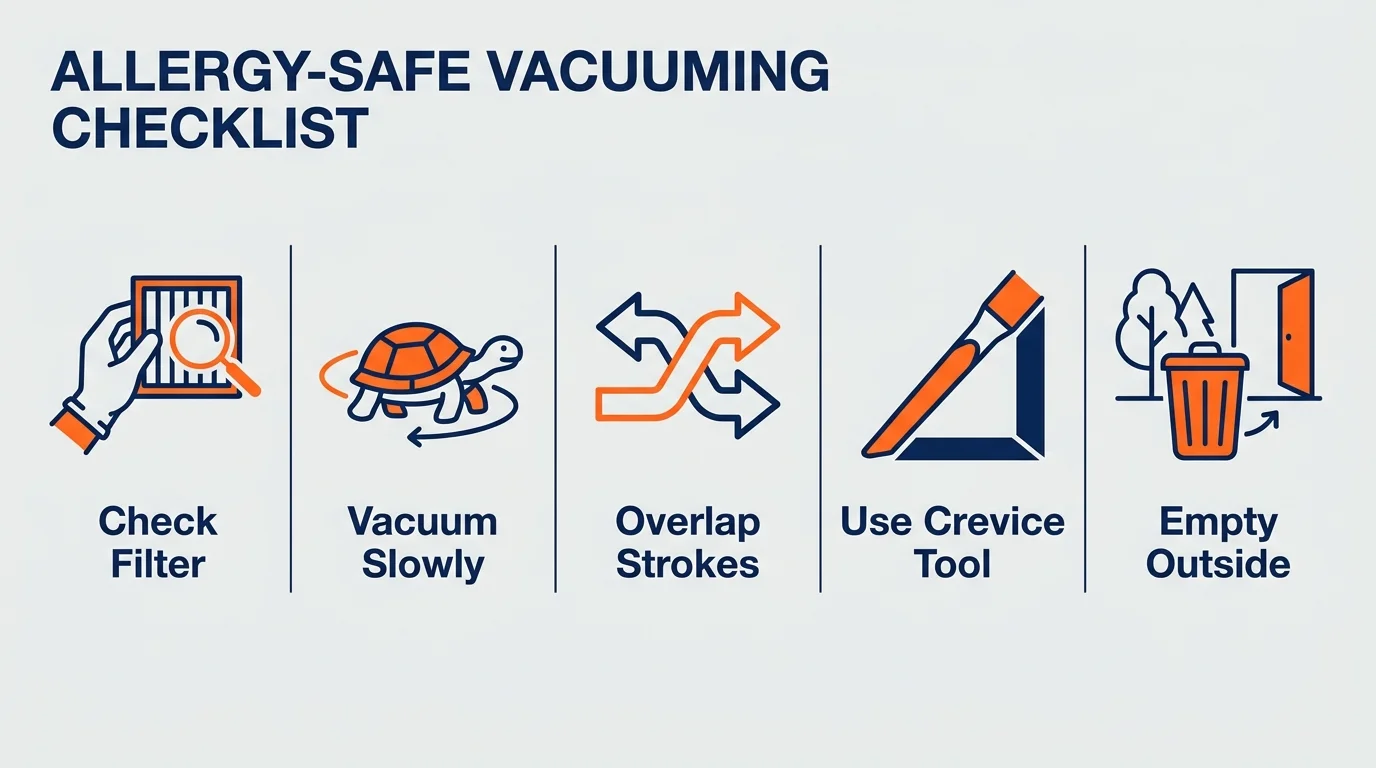 An infographic checklist showing five steps for vacuuming: check filter, vacuum slowly, overlap strokes, crevice tool, and empty outside.