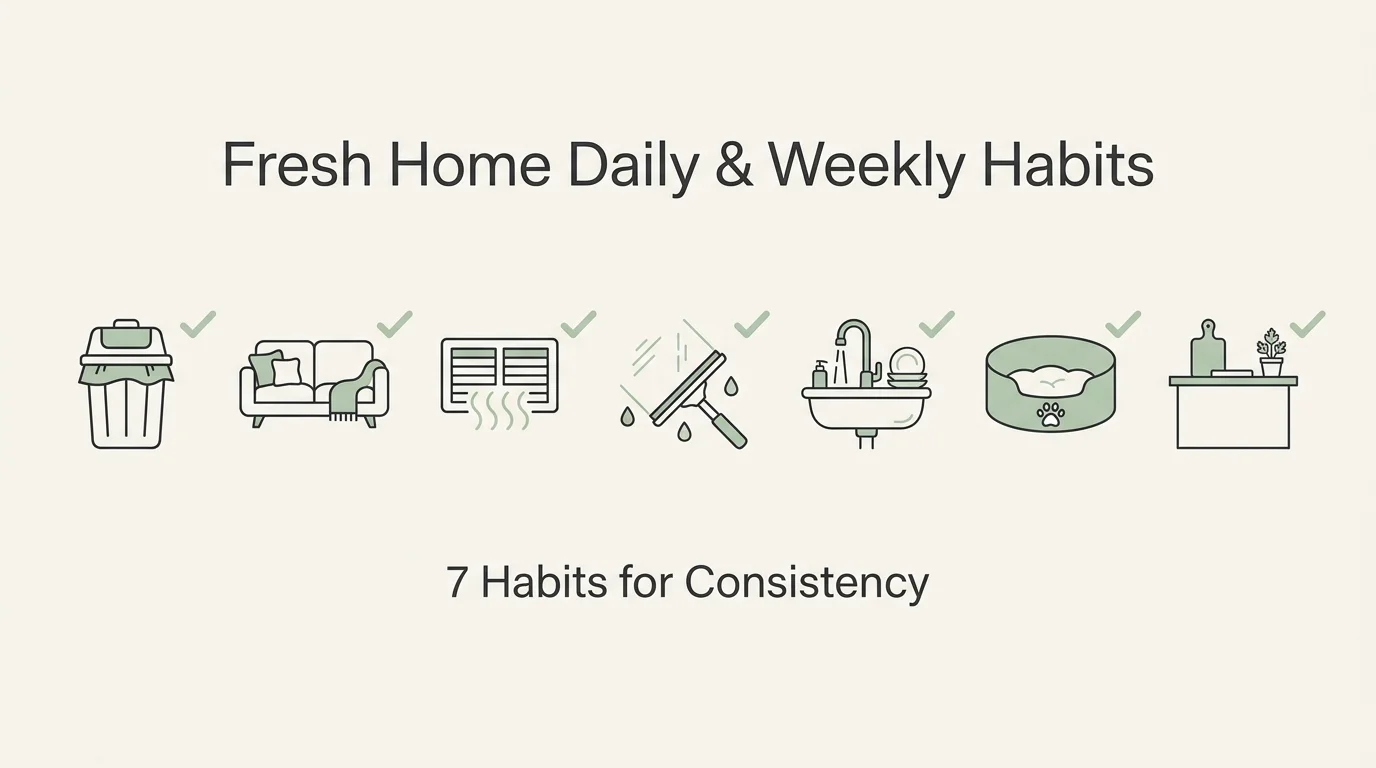 An infographic checklist showing icons for the seven fresh-home cleaning habits discussed in the article.