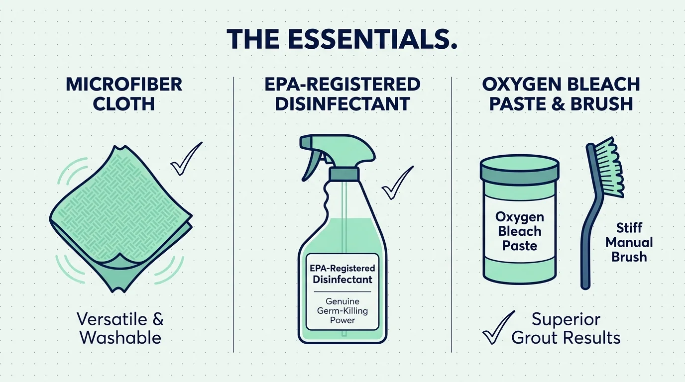 An infographic checklist showing 'The Essentials' including Microfiber Cloths, EPA-Registered Disinfectant, and Oxygen Bleach Paste.