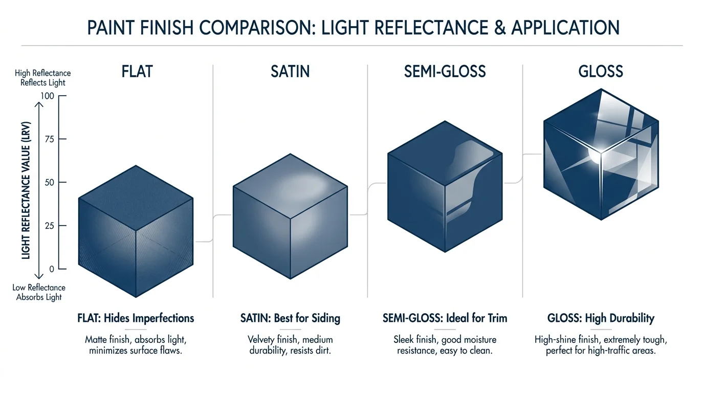An infographic comparing paint finishes from flat to gloss, with labels for their best uses and an LRV scale.