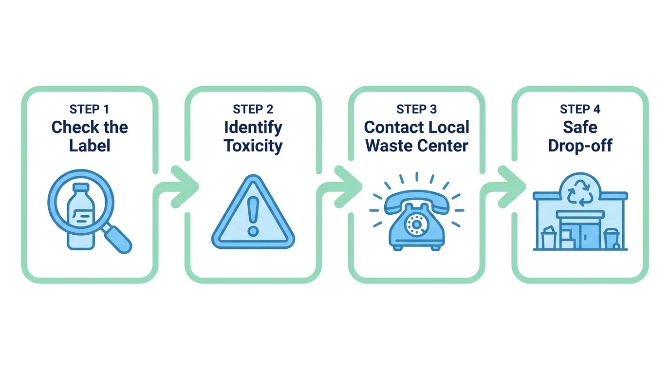 An infographic flowchart showing the four steps to safely disposing of old laundry chemicals.