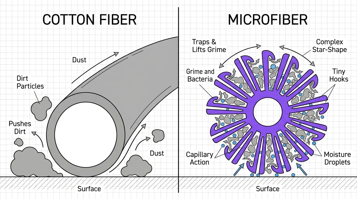 An infographic showing a microscopic cross-section of a microfiber cloth trapping dirt particles compared to a standard cotton cloth.