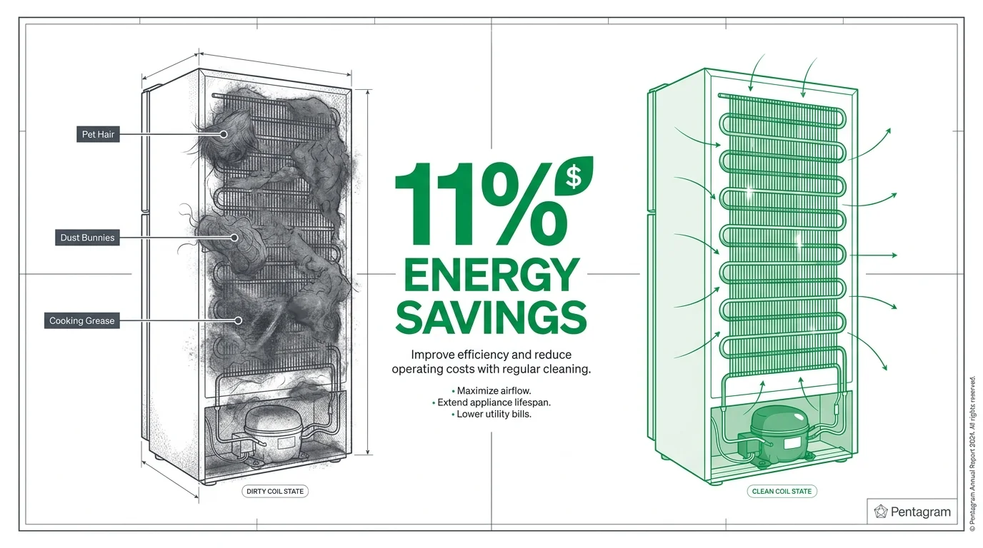 An infographic showing how cleaning refrigerator coils leads to 11% energy savings by removing dust and pet hair.