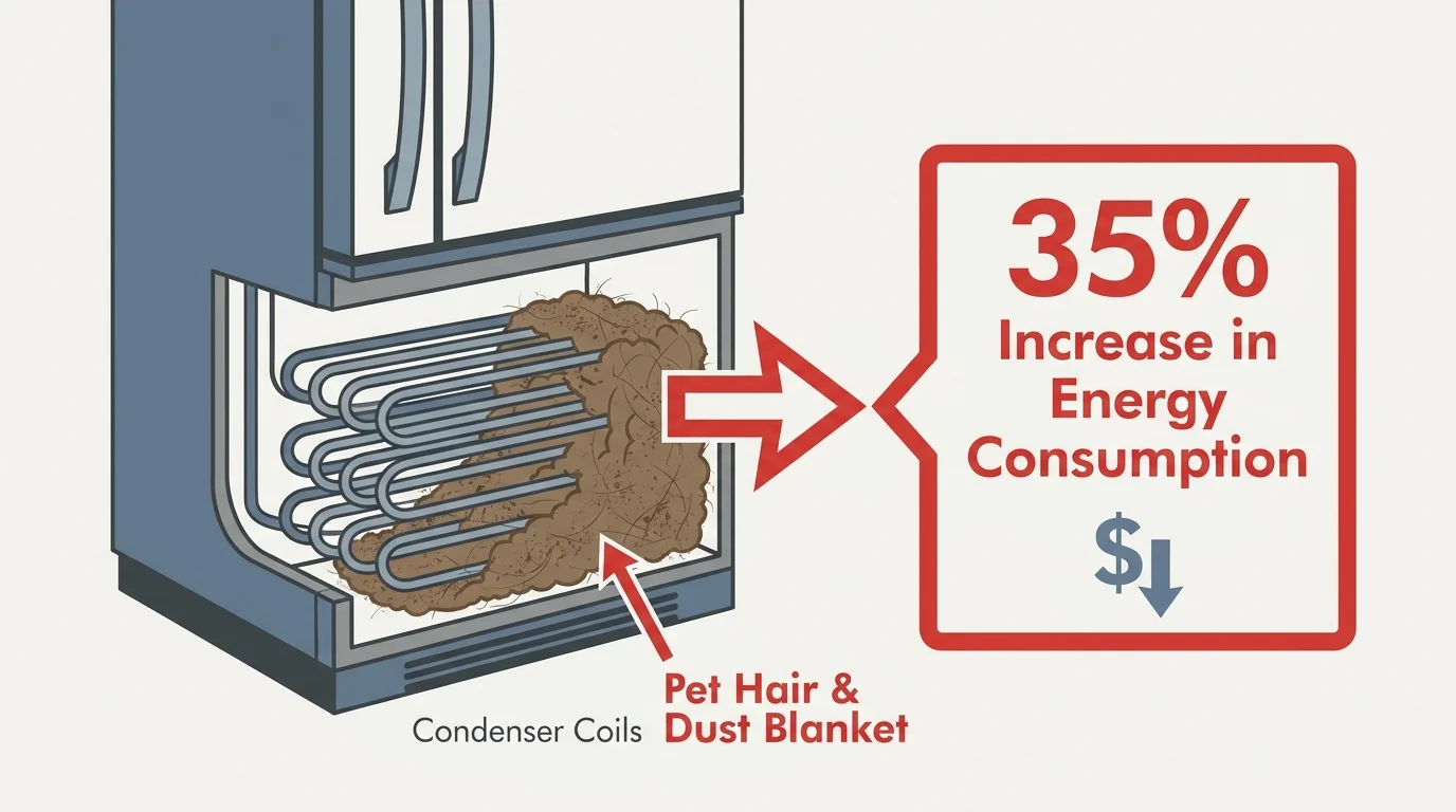 An infographic showing how dirty refrigerator coils lead to a 35 percent increase in energy consumption.